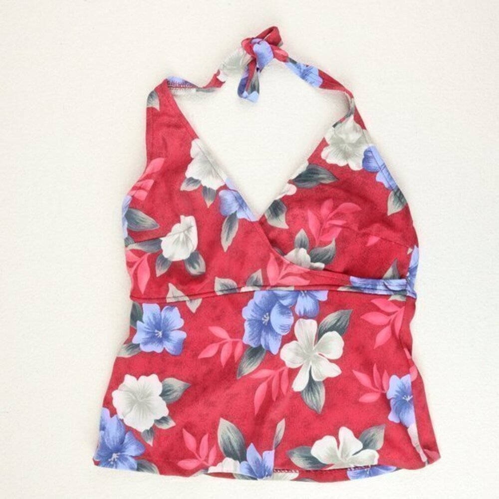 Red + Blue Floral Halter Swim Tankini Top NO SIZE Crop Hibiscus Tropical Tie M L